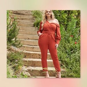 Asymmetrical Neck Buckle Belted Jumpsuit - Plus